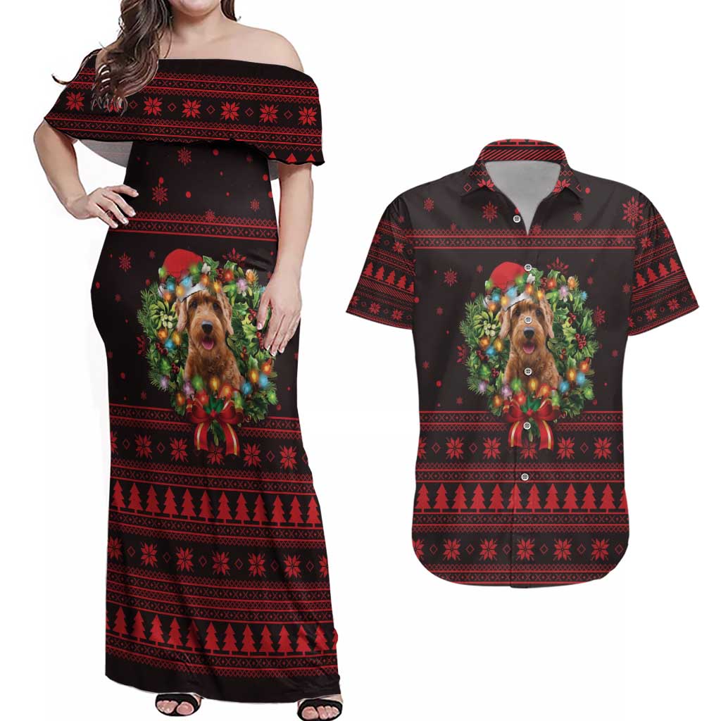 Wreath and Santa Dog in Red Couples Matching Off Shoulder Maxi Dress and Hawaiian Shirt with Black Holiday Pattern Design - Wonder Print Shop