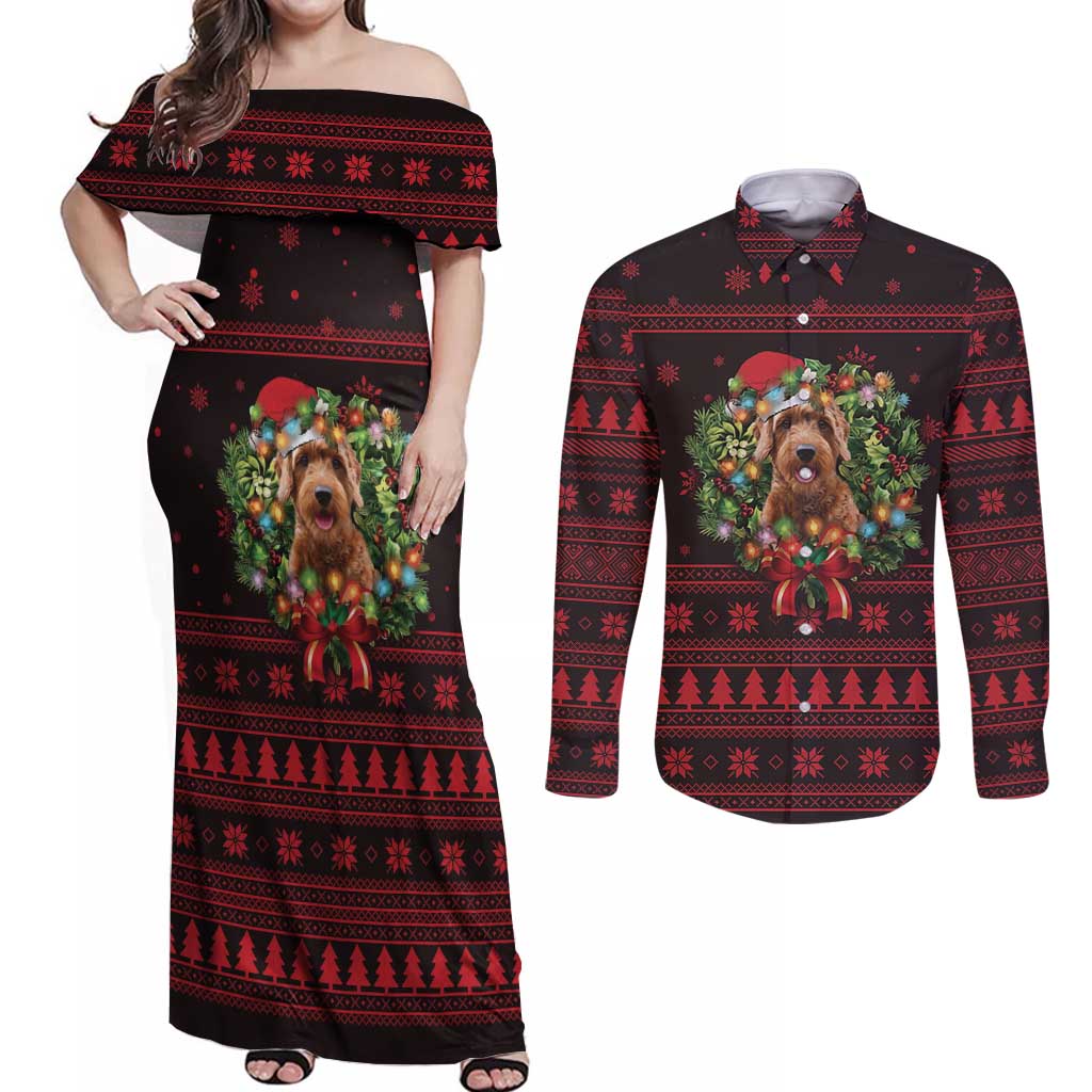 Wreath and Santa Dog in Red Couples Matching Off Shoulder Maxi Dress and Long Sleeve Button Shirt with Black Holiday Pattern Design - Wonder Print Shop