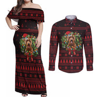 Wreath and Santa Dog in Red Couples Matching Off Shoulder Maxi Dress and Long Sleeve Button Shirt with Black Holiday Pattern Design - Wonder Print Shop
