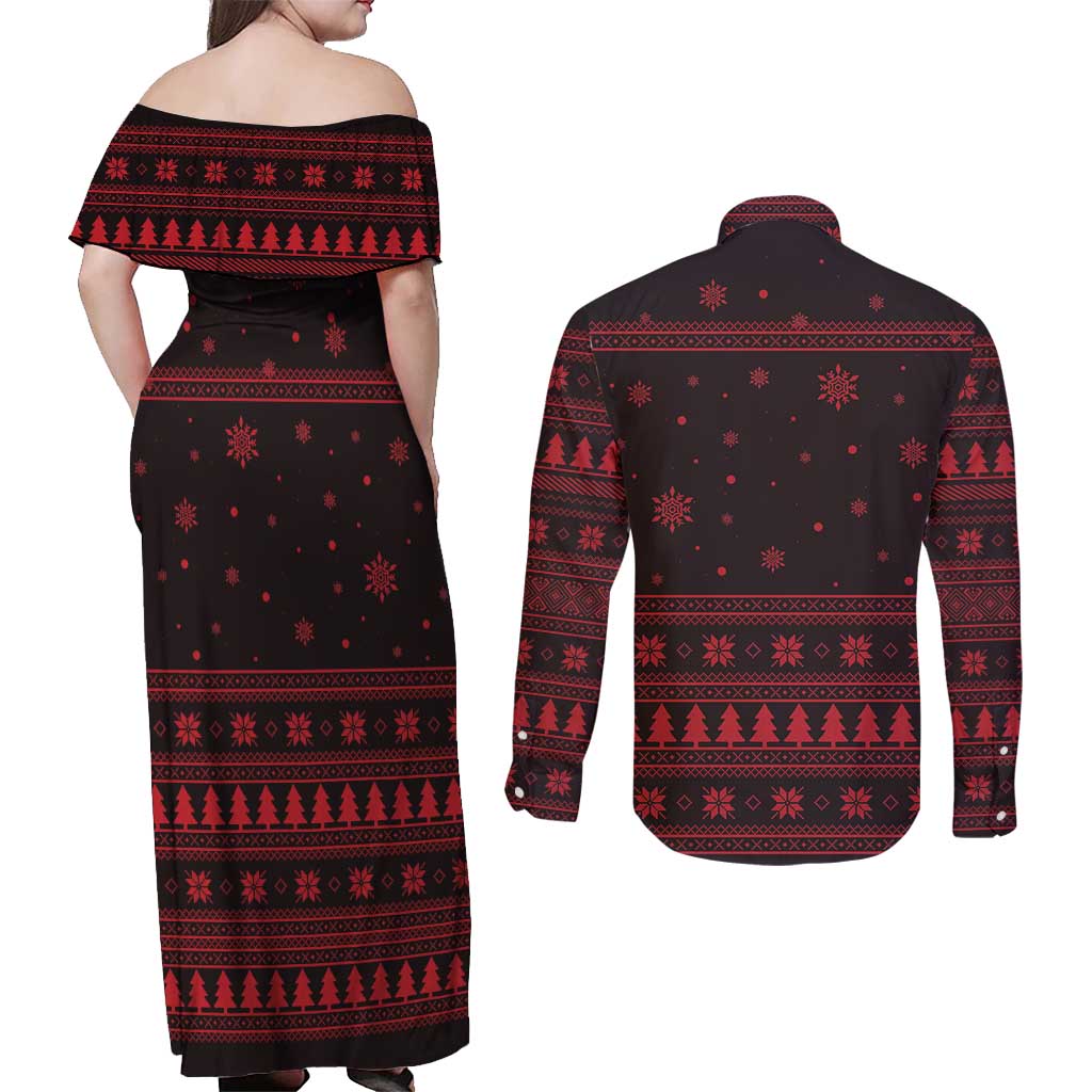 Wreath and Santa Dog in Red Couples Matching Off Shoulder Maxi Dress and Long Sleeve Button Shirt with Black Holiday Pattern Design - Wonder Print Shop
