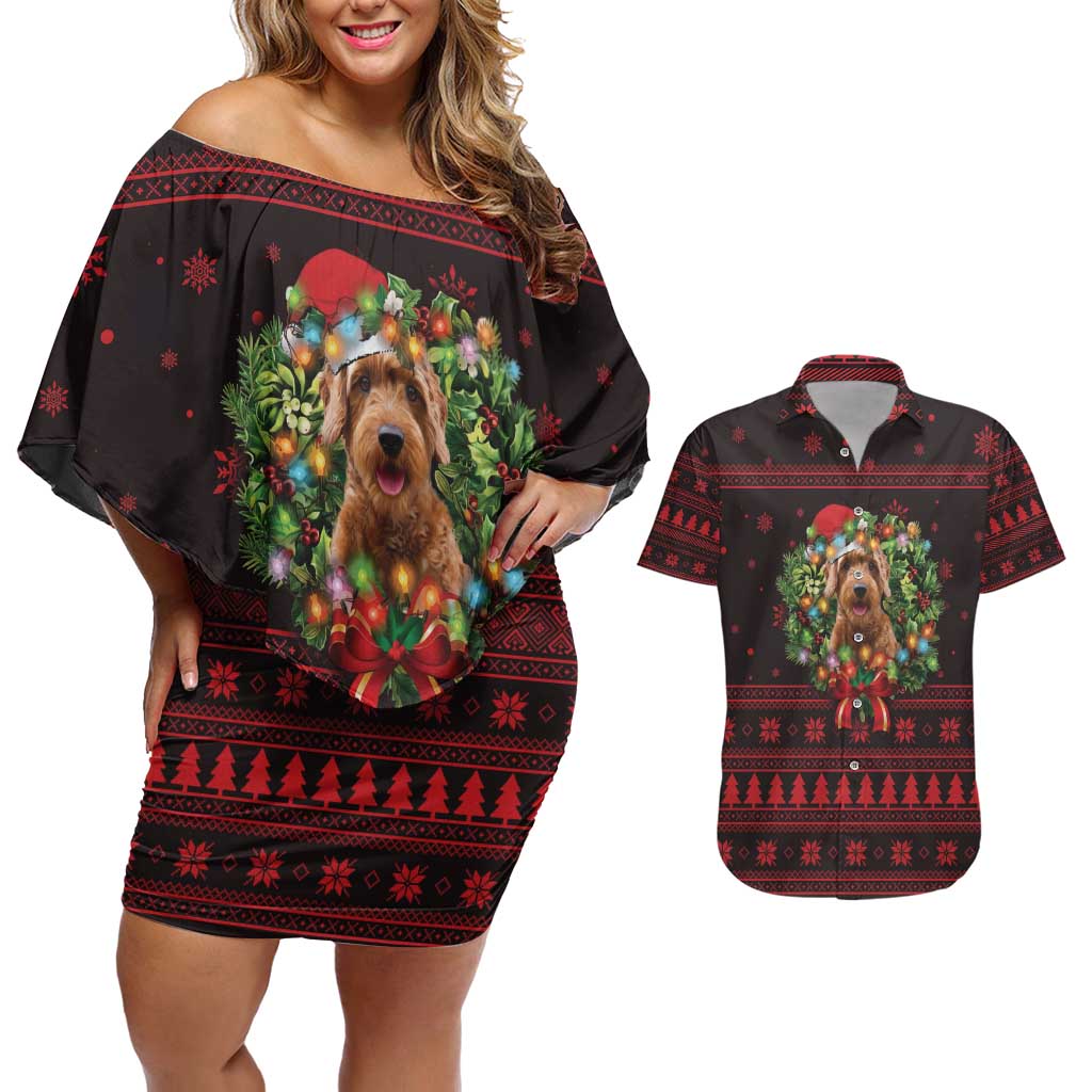 Wreath and Santa Dog in Red Couples Matching Off Shoulder Short Dress and Hawaiian Shirt with Black Holiday Pattern Design - Wonder Print Shop