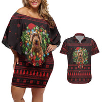 Wreath and Santa Dog in Red Couples Matching Off Shoulder Short Dress and Hawaiian Shirt with Black Holiday Pattern Design - Wonder Print Shop