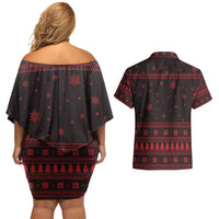 Wreath and Santa Dog in Red Couples Matching Off Shoulder Short Dress and Hawaiian Shirt with Black Holiday Pattern Design - Wonder Print Shop