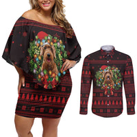 Wreath and Santa Dog in Red Couples Matching Off Shoulder Short Dress and Long Sleeve Button Shirt with Black Holiday Pattern Design - Wonder Print Shop