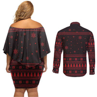 Wreath and Santa Dog in Red Couples Matching Off Shoulder Short Dress and Long Sleeve Button Shirt with Black Holiday Pattern Design - Wonder Print Shop