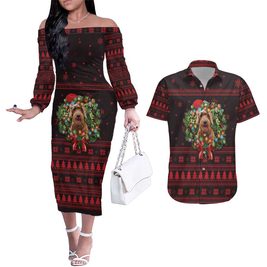 Wreath and Santa Dog in Red Couples Matching Off The Shoulder Long Sleeve Dress and Hawaiian Shirt with Black Holiday Pattern Design - Wonder Print Shop