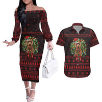 Wreath and Santa Dog in Red Couples Matching Off The Shoulder Long Sleeve Dress and Hawaiian Shirt with Black Holiday Pattern Design - Wonder Print Shop