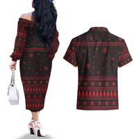 Wreath and Santa Dog in Red Couples Matching Off The Shoulder Long Sleeve Dress and Hawaiian Shirt with Black Holiday Pattern Design - Wonder Print Shop