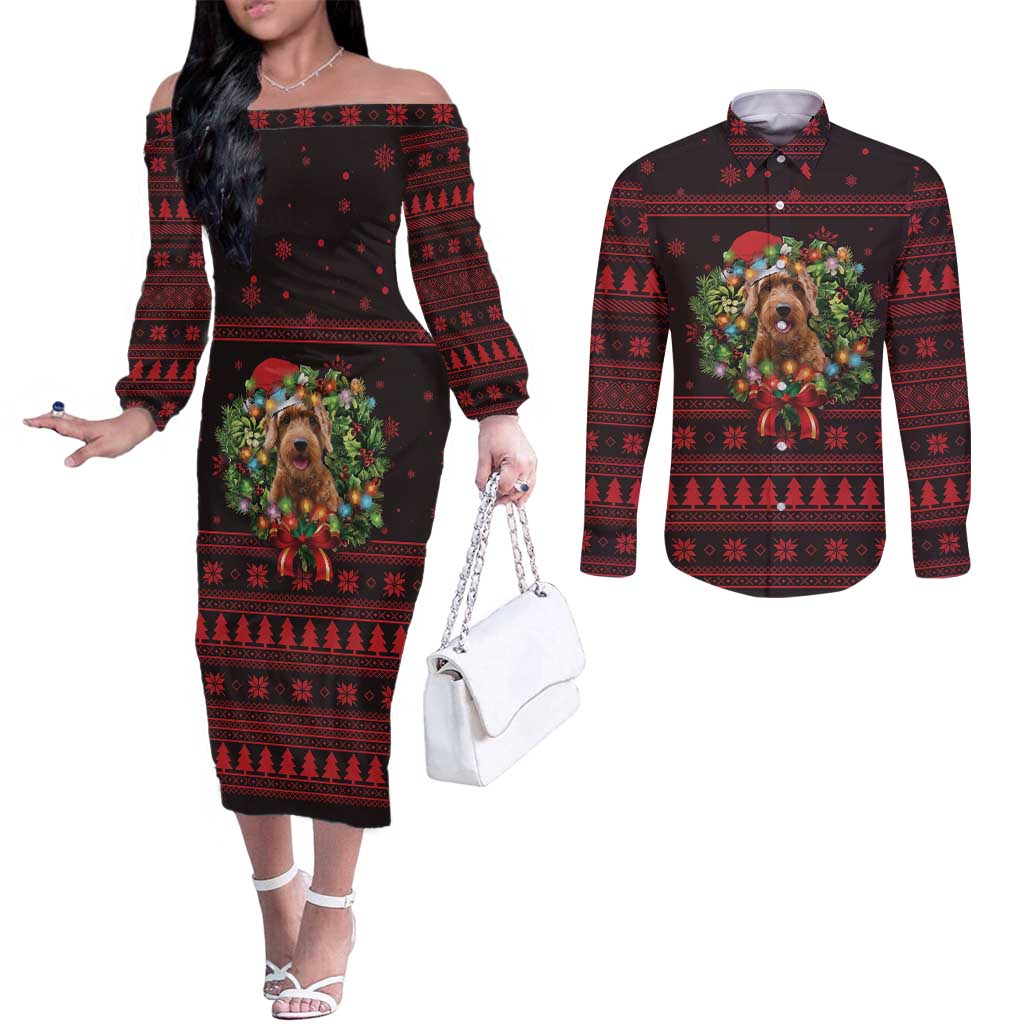 Wreath and Santa Dog in Red Couples Matching Off The Shoulder Long Sleeve Dress and Long Sleeve Button Shirt with Black Holiday Pattern Design - Wonder Print Shop