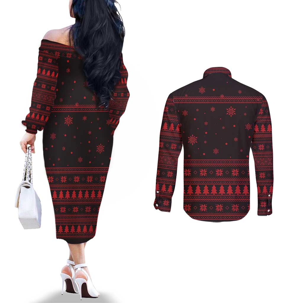 Wreath and Santa Dog in Red Couples Matching Off The Shoulder Long Sleeve Dress and Long Sleeve Button Shirt with Black Holiday Pattern Design - Wonder Print Shop