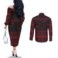 Wreath and Santa Dog in Red Couples Matching Off The Shoulder Long Sleeve Dress and Long Sleeve Button Shirt with Black Holiday Pattern Design - Wonder Print Shop