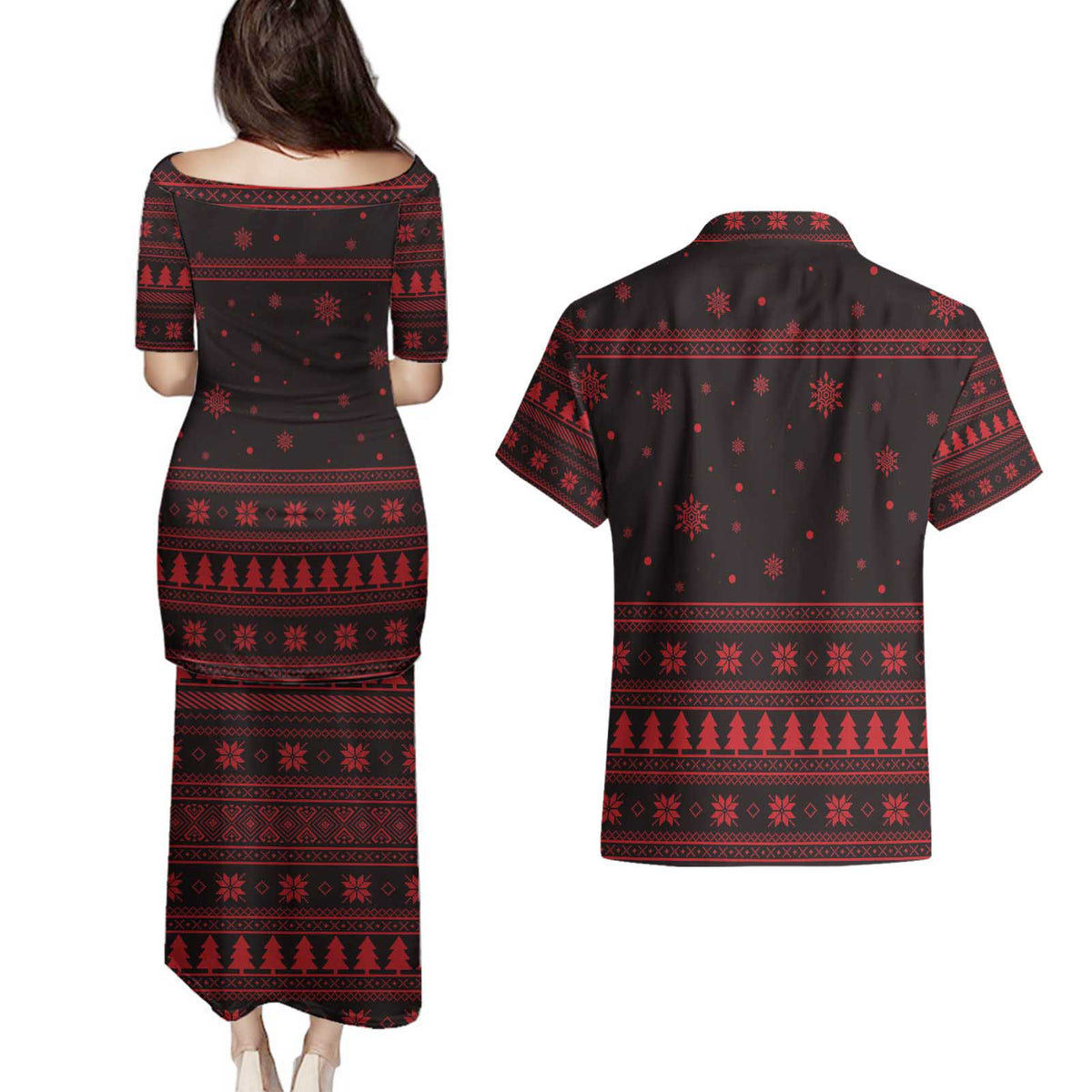 Wreath and Santa Dog in Red Couples Matching Puletasi and Hawaiian Shirt with Black Holiday Pattern Design - Wonder Print Shop