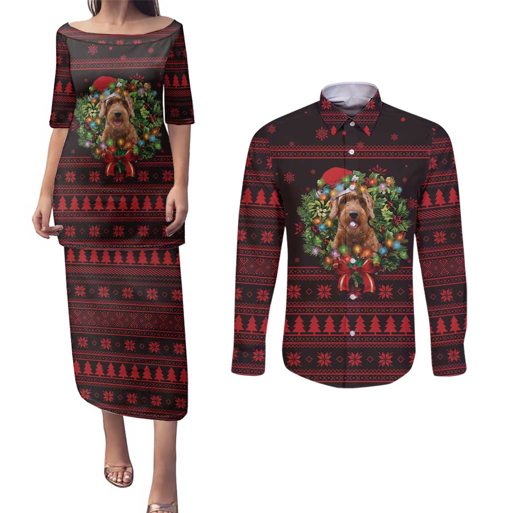 Wreath and Santa Dog in Red Couples Matching Puletasi and Long Sleeve Button Shirt with Black Holiday Pattern Design - Wonder Print Shop