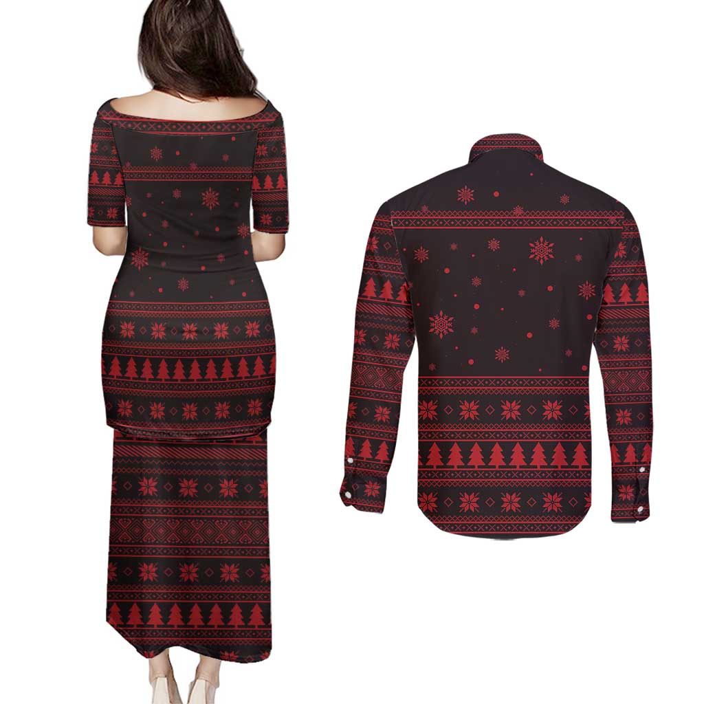 Wreath and Santa Dog in Red Couples Matching Puletasi and Long Sleeve Button Shirt with Black Holiday Pattern Design - Wonder Print Shop