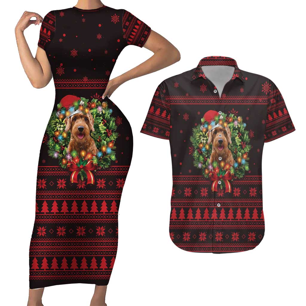 Wreath and Santa Dog in Red Couples Matching Short Sleeve Bodycon Dress and Hawaiian Shirt with Black Holiday Pattern Design - Wonder Print Shop