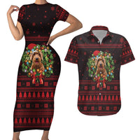 Wreath and Santa Dog in Red Couples Matching Short Sleeve Bodycon Dress and Hawaiian Shirt with Black Holiday Pattern Design - Wonder Print Shop