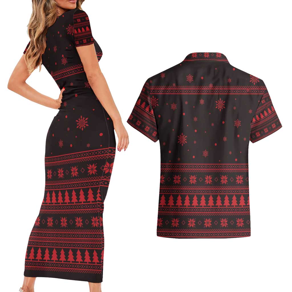 Wreath and Santa Dog in Red Couples Matching Short Sleeve Bodycon Dress and Hawaiian Shirt with Black Holiday Pattern Design - Wonder Print Shop
