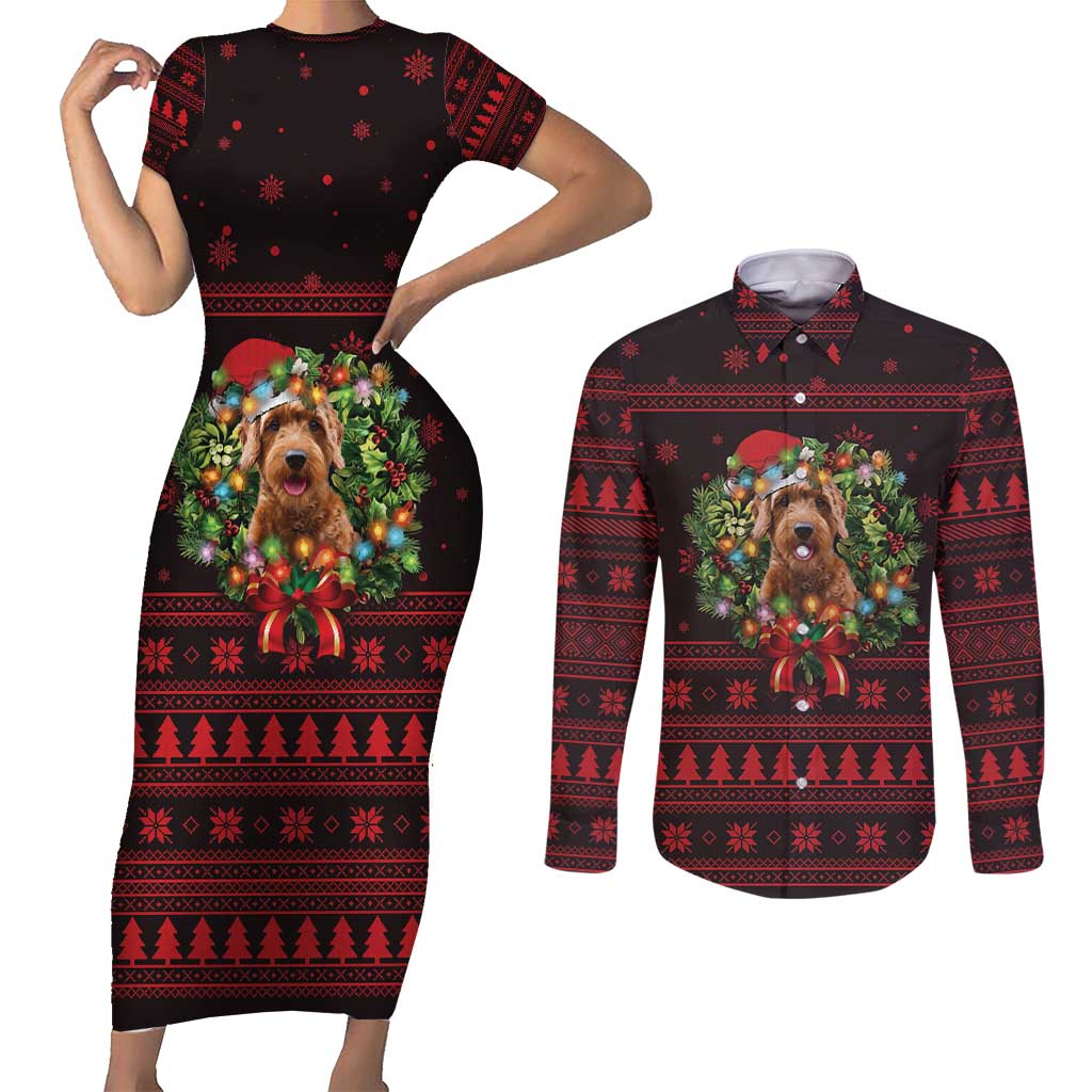 Wreath and Santa Dog in Red Couples Matching Short Sleeve Bodycon Dress and Long Sleeve Button Shirt with Black Holiday Pattern Design - Wonder Print Shop