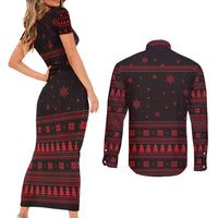 Wreath and Santa Dog in Red Couples Matching Short Sleeve Bodycon Dress and Long Sleeve Button Shirt with Black Holiday Pattern Design - Wonder Print Shop