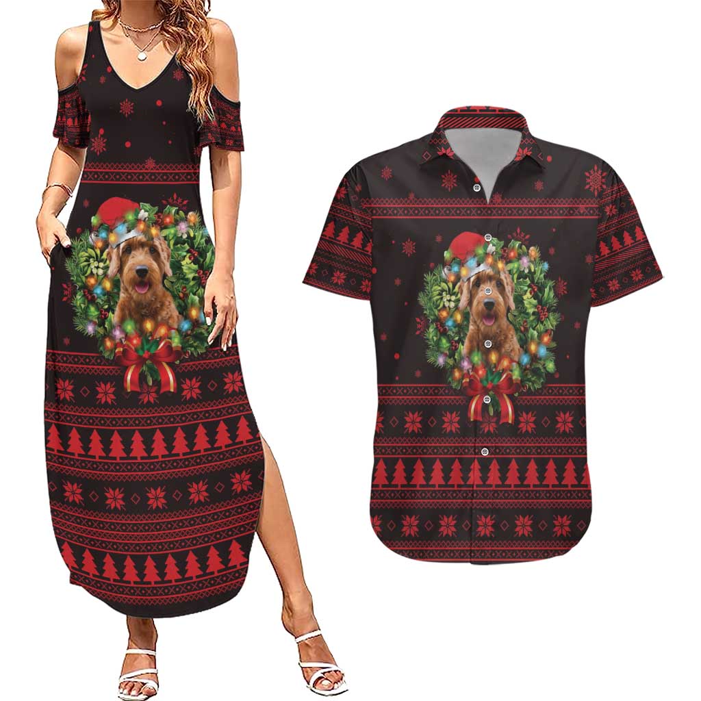 Wreath and Santa Dog in Red Couples Matching Summer Maxi Dress and Hawaiian Shirt with Black Holiday Pattern Design - Wonder Print Shop
