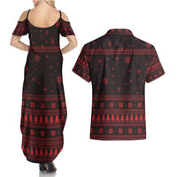 Wreath and Santa Dog in Red Couples Matching Summer Maxi Dress and Hawaiian Shirt with Black Holiday Pattern Design - Wonder Print Shop