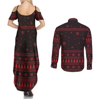 Wreath and Santa Dog in Red Couples Matching Summer Maxi Dress and Long Sleeve Button Shirt with Black Holiday Pattern Design - Wonder Print Shop