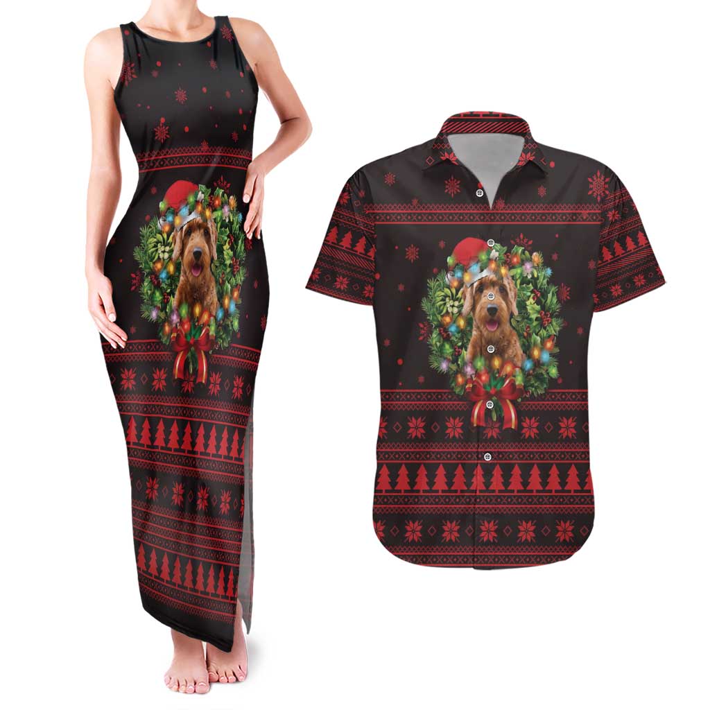 Wreath and Santa Dog in Red Couples Matching Tank Maxi Dress and Hawaiian Shirt with Black Holiday Pattern Design - Wonder Print Shop