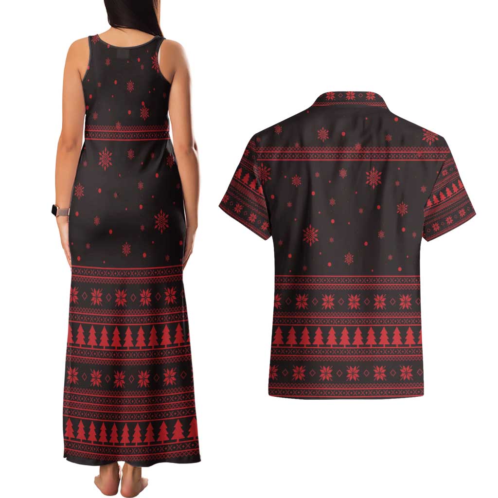 Wreath and Santa Dog in Red Couples Matching Tank Maxi Dress and Hawaiian Shirt with Black Holiday Pattern Design - Wonder Print Shop