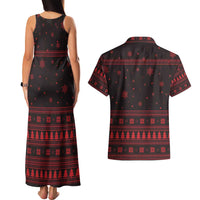 Wreath and Santa Dog in Red Couples Matching Tank Maxi Dress and Hawaiian Shirt with Black Holiday Pattern Design - Wonder Print Shop