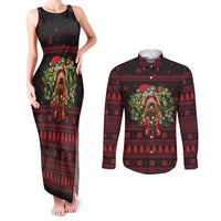 Wreath and Santa Dog in Red Couples Matching Tank Maxi Dress and Long Sleeve Button Shirt with Black Holiday Pattern Design - Wonder Print Shop