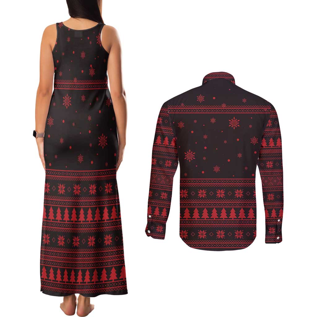 Wreath and Santa Dog in Red Couples Matching Tank Maxi Dress and Long Sleeve Button Shirt with Black Holiday Pattern Design - Wonder Print Shop