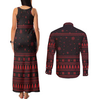 Wreath and Santa Dog in Red Couples Matching Tank Maxi Dress and Long Sleeve Button Shirt with Black Holiday Pattern Design - Wonder Print Shop