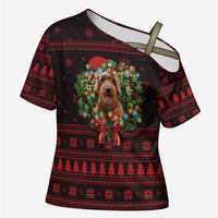Wreath and Santa Dog in Red Cross Shoulder Shirt with Black Holiday Pattern Design - Wonder Print Shop