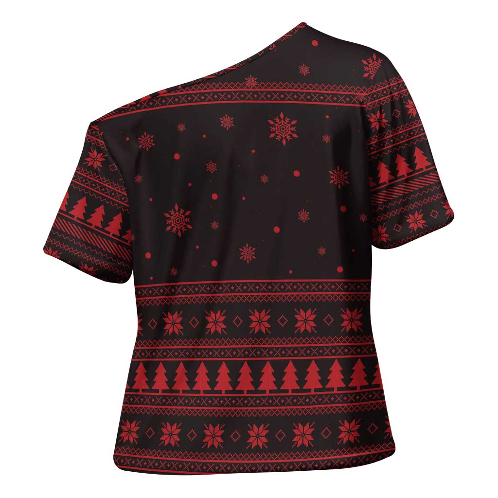 Wreath and Santa Dog in Red Cross Shoulder Shirt with Black Holiday Pattern Design - Wonder Print Shop