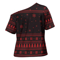 Wreath and Santa Dog in Red Cross Shoulder Shirt with Black Holiday Pattern Design - Wonder Print Shop