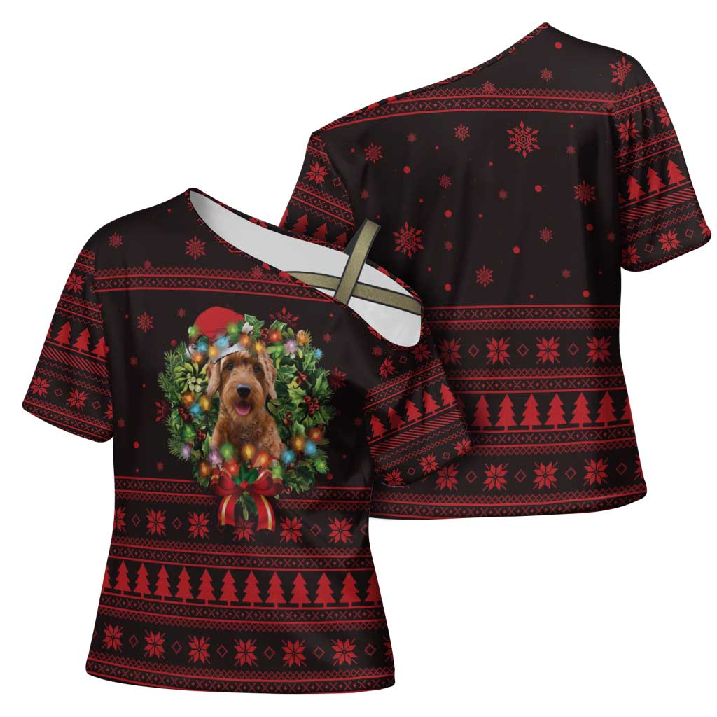 Wreath and Santa Dog in Red Cross Shoulder Shirt with Black Holiday Pattern Design - Wonder Print Shop