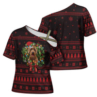 Wreath and Santa Dog in Red Cross Shoulder Shirt with Black Holiday Pattern Design - Wonder Print Shop