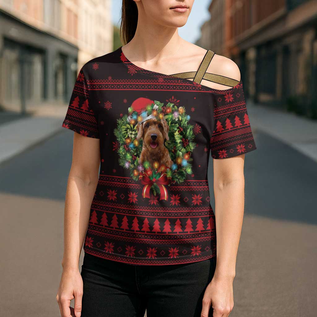 Wreath and Santa Dog in Red Cross Shoulder Shirt with Black Holiday Pattern Design - Wonder Print Shop