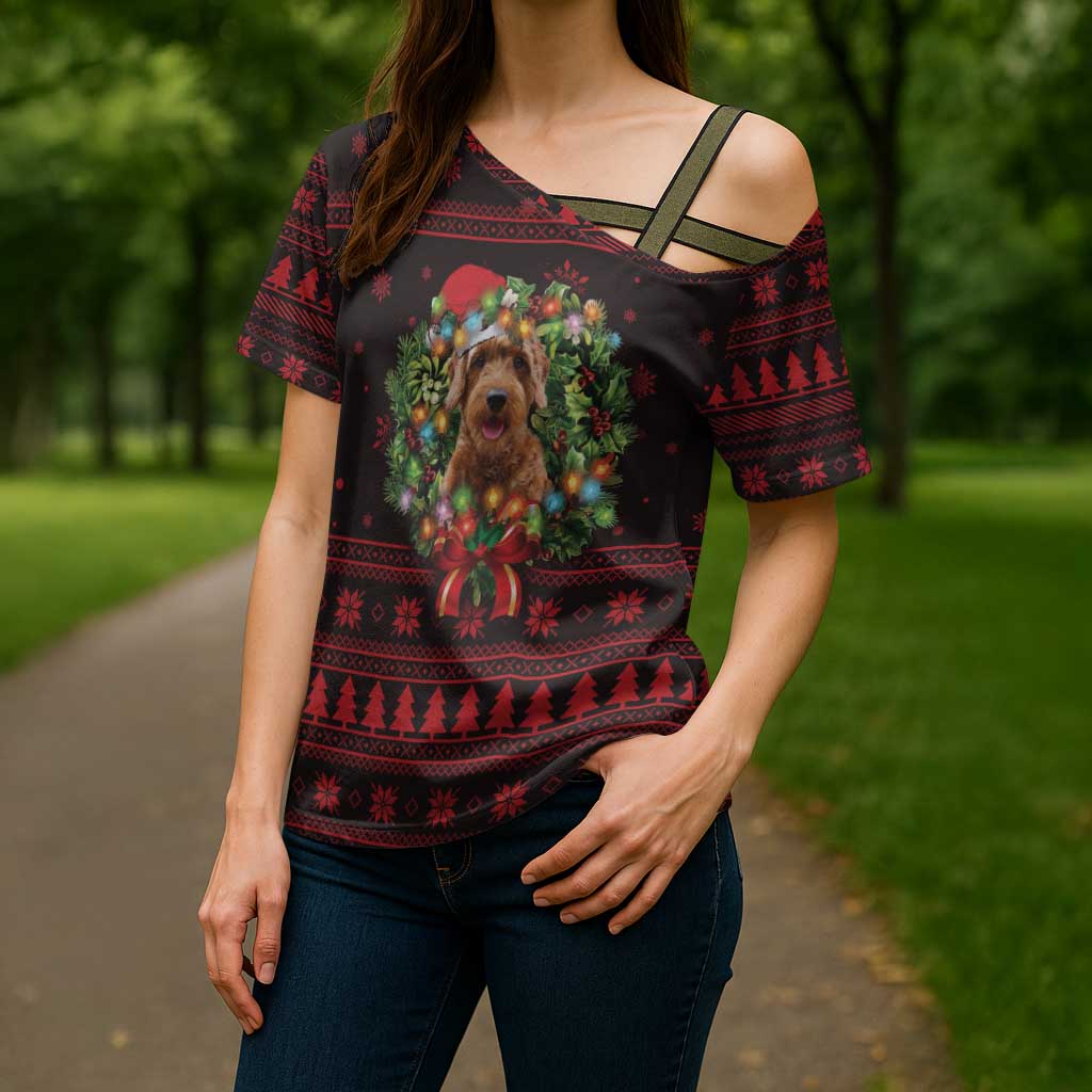 Wreath and Santa Dog in Red Cross Shoulder Shirt with Black Holiday Pattern Design - Wonder Print Shop