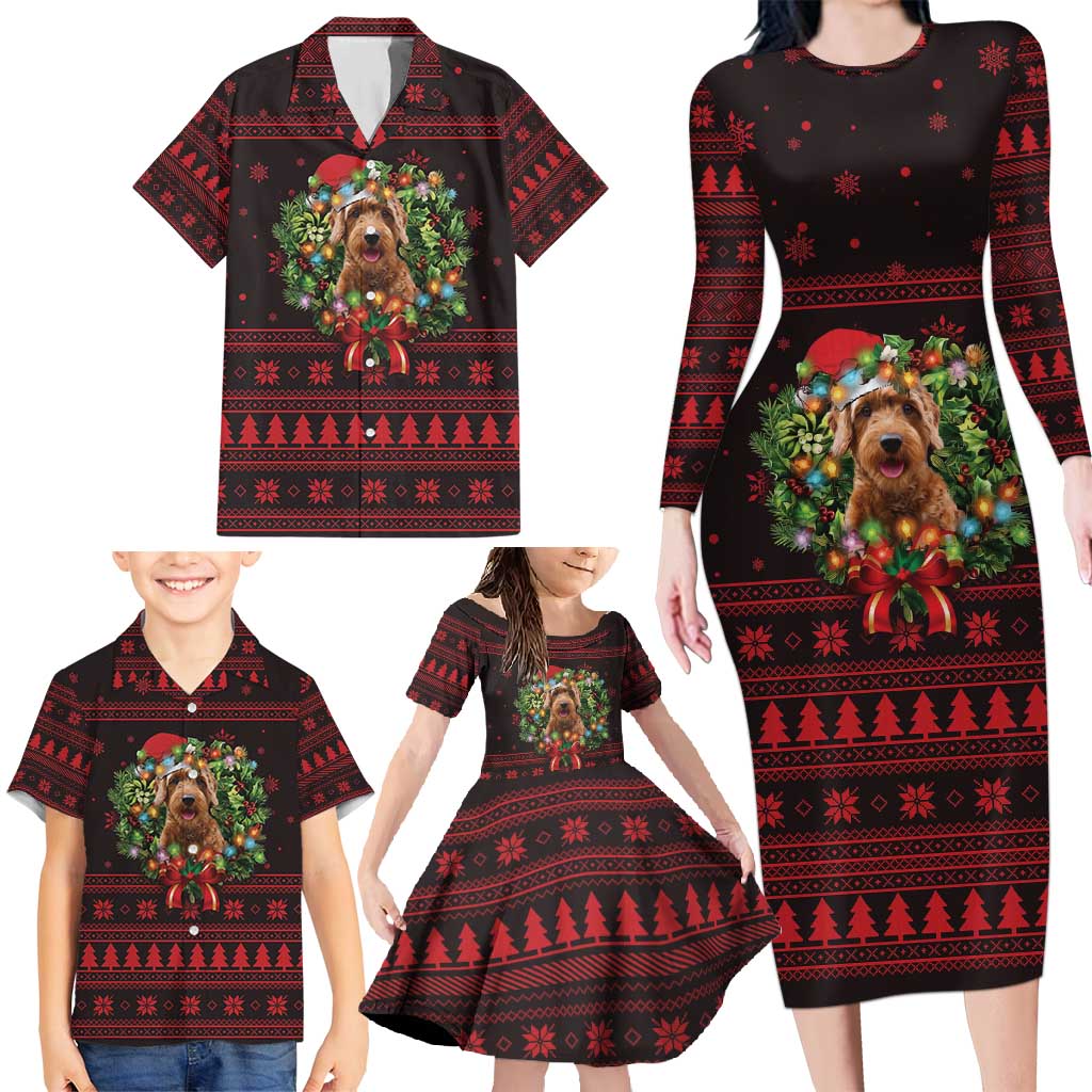 Wreath and Santa Dog in Red Family Matching Long Sleeve Bodycon Dress and Hawaiian Shirt with Black Holiday Pattern Design - Wonder Print Shop