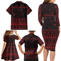 Wreath and Santa Dog in Red Family Matching Long Sleeve Bodycon Dress and Hawaiian Shirt with Black Holiday Pattern Design - Wonder Print Shop