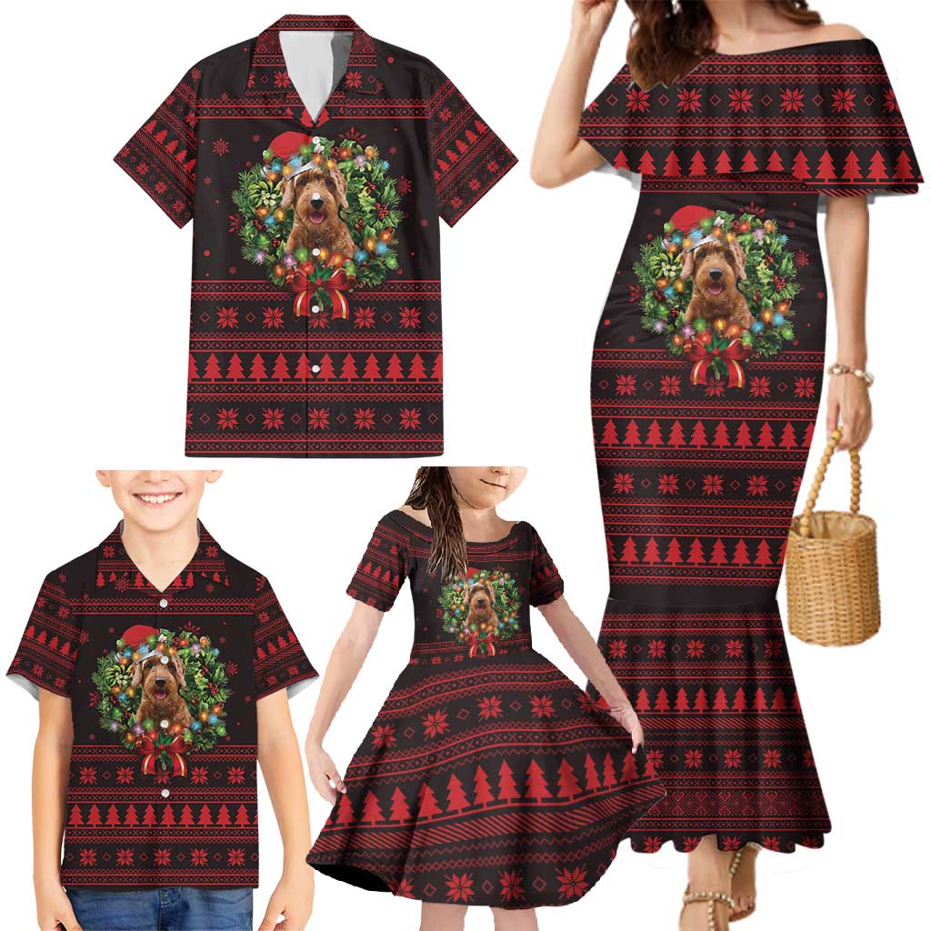 Wreath and Santa Dog in Red Family Matching Mermaid Dress and Hawaiian Shirt with Black Holiday Pattern Design - Wonder Print Shop