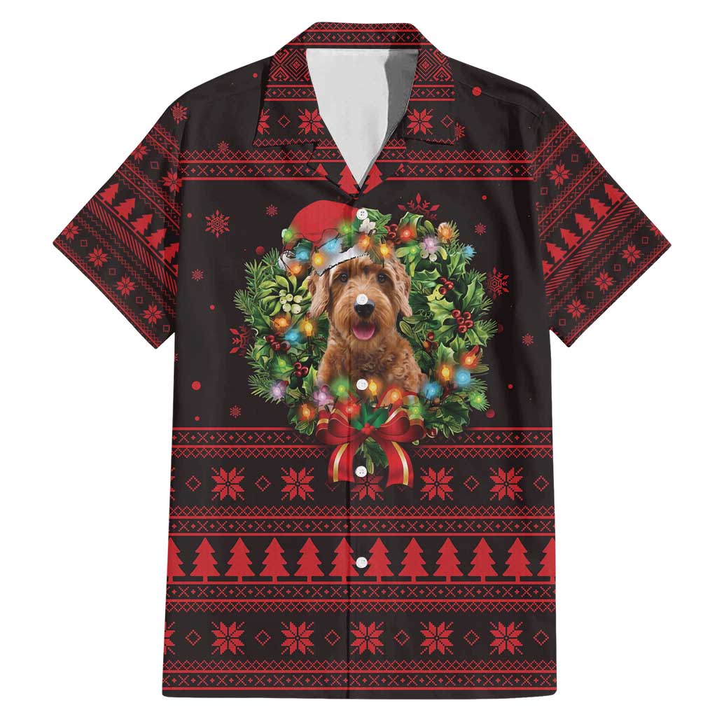 Wreath and Santa Dog in Red Family Matching Mermaid Dress and Hawaiian Shirt with Black Holiday Pattern Design - Wonder Print Shop