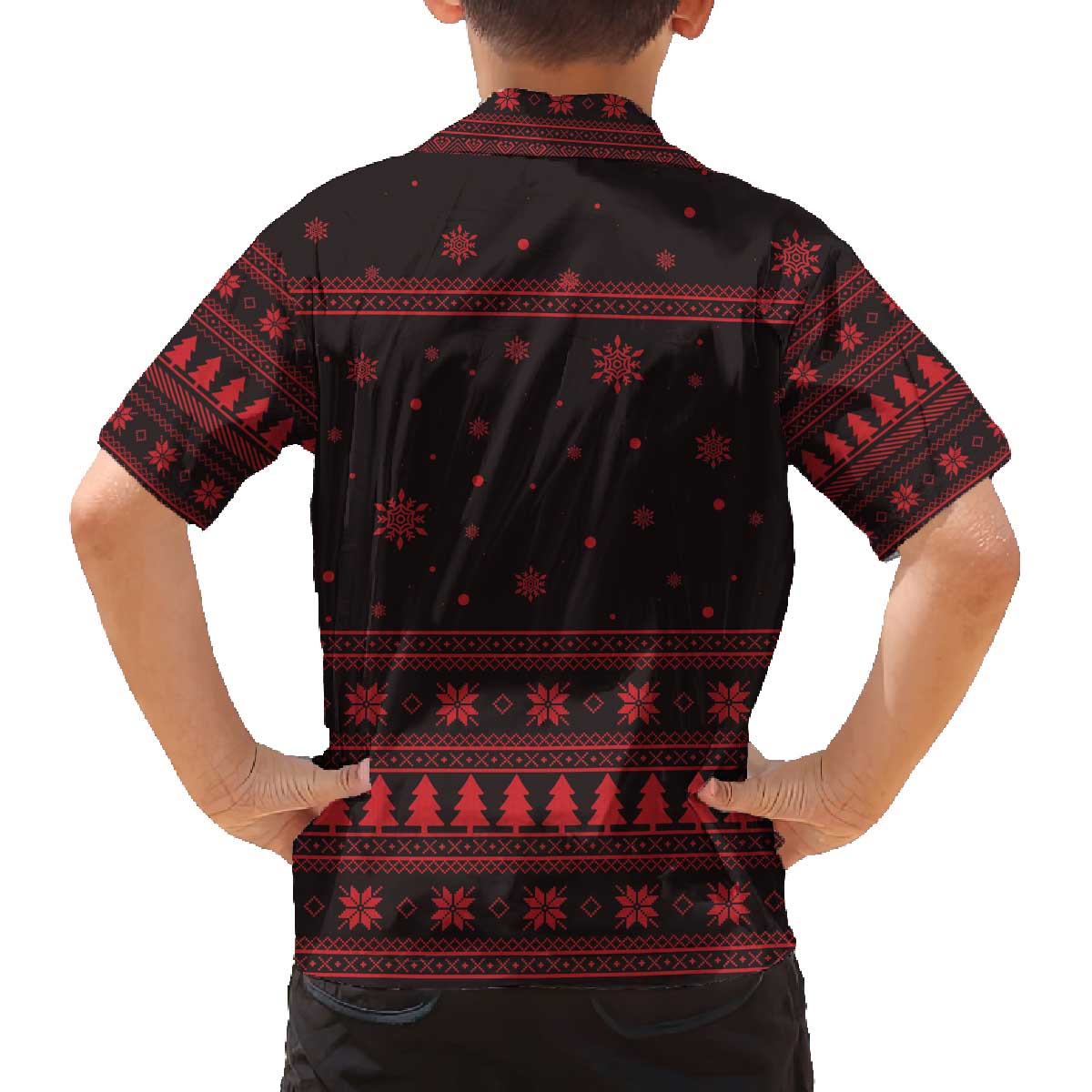Wreath and Santa Dog in Red Family Matching Off The Shoulder Long Sleeve Dress and Hawaiian Shirt with Black Holiday Pattern Design - Wonder Print Shop