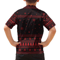 Wreath and Santa Dog in Red Family Matching Off The Shoulder Long Sleeve Dress and Hawaiian Shirt with Black Holiday Pattern Design - Wonder Print Shop
