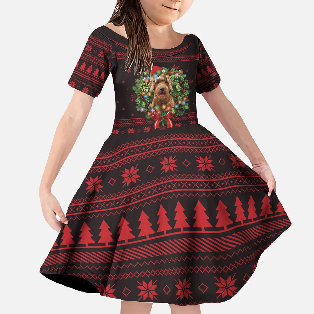 Wreath and Santa Dog in Red Family Matching Off The Shoulder Long Sleeve Dress and Hawaiian Shirt with Black Holiday Pattern Design - Wonder Print Shop