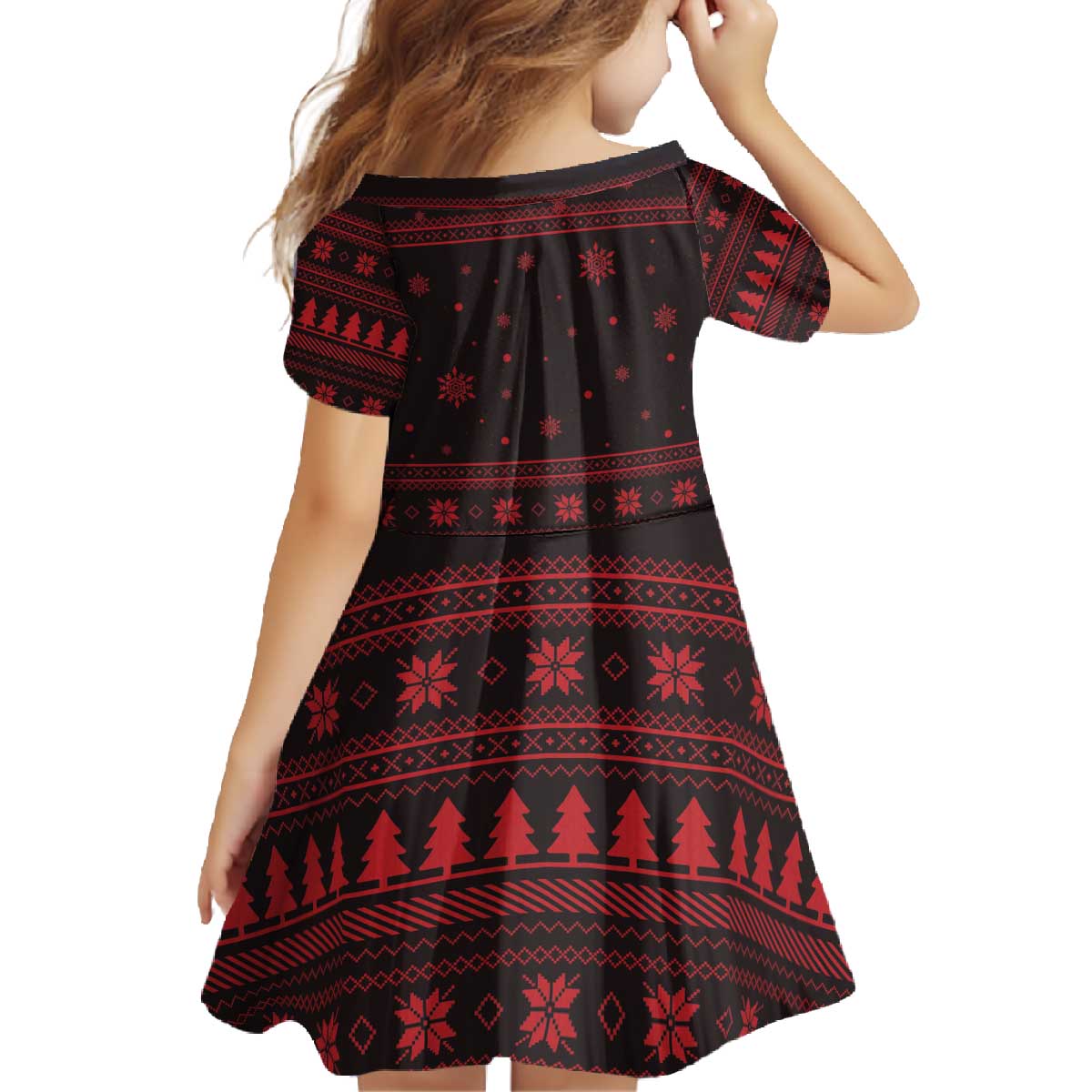 Wreath and Santa Dog in Red Family Matching Off The Shoulder Long Sleeve Dress and Hawaiian Shirt with Black Holiday Pattern Design - Wonder Print Shop