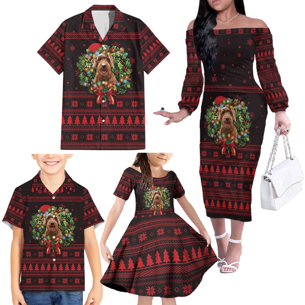 Wreath and Santa Dog in Red Family Matching Off The Shoulder Long Sleeve Dress and Hawaiian Shirt with Black Holiday Pattern Design - Wonder Print Shop