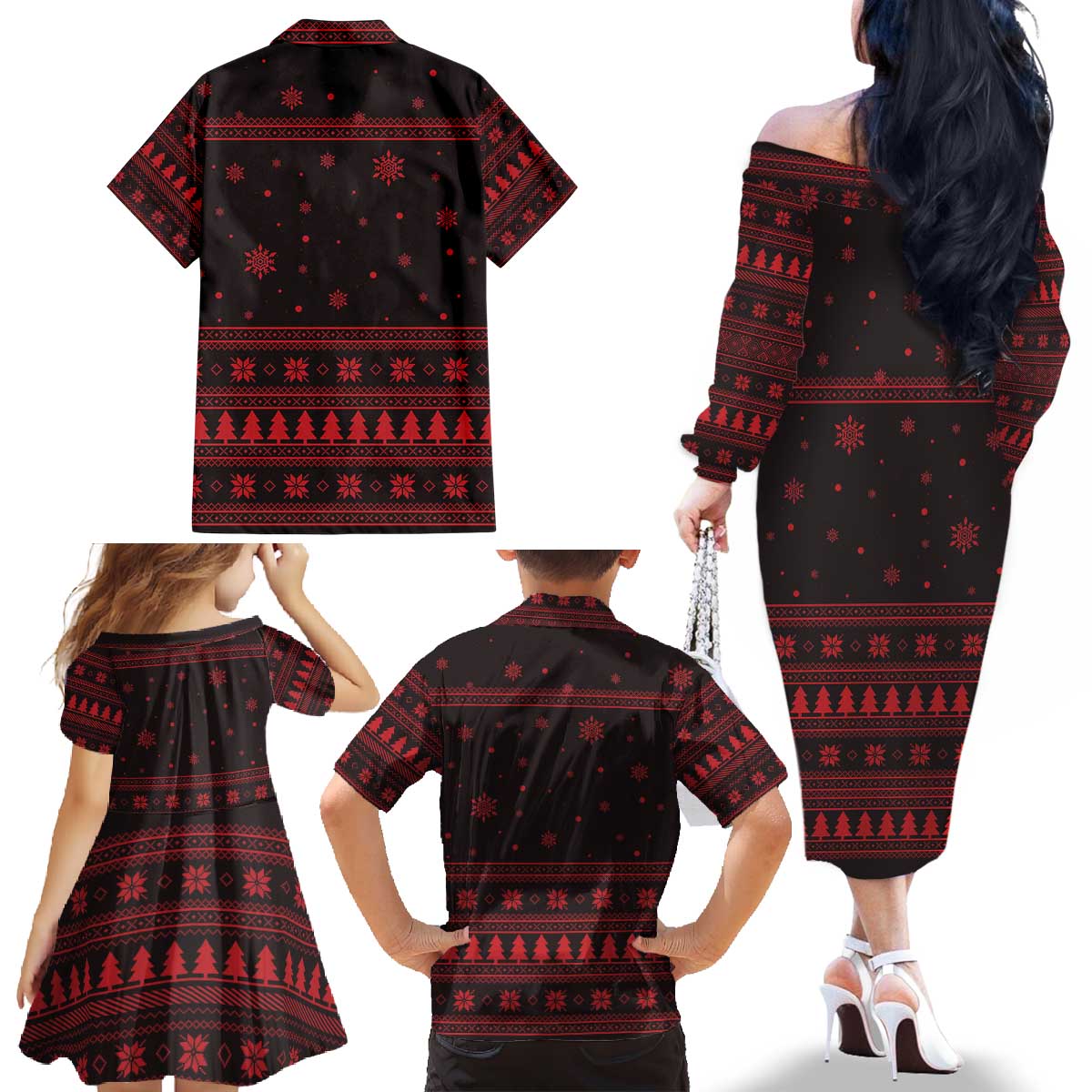 Wreath and Santa Dog in Red Family Matching Off The Shoulder Long Sleeve Dress and Hawaiian Shirt with Black Holiday Pattern Design - Wonder Print Shop