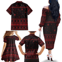 Wreath and Santa Dog in Red Family Matching Off The Shoulder Long Sleeve Dress and Hawaiian Shirt with Black Holiday Pattern Design - Wonder Print Shop